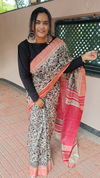 Silkmark Certified Tussar Silk Handloom Handblock Printed Black and Red Saree with Blouse-Indiehaat