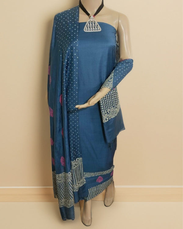 Katan Silk Glowing Blockprint Blue Suit