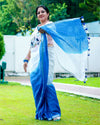 Shop Pure Linen Saree Online with Hand Embroidered, White & Blue Combo