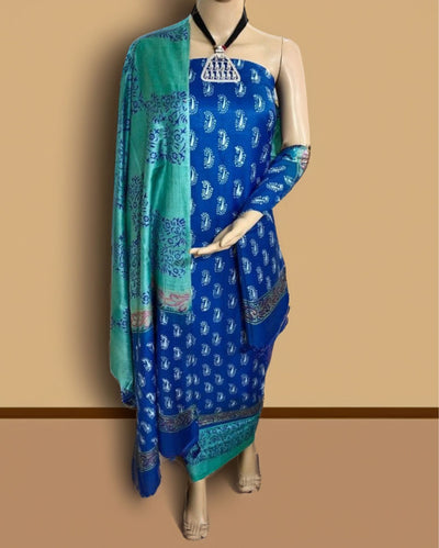 Katan Silk Poised Blockprint Blue & Green Suit