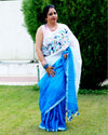 Shop Pure Linen Saree Online with Hand Embroidered, White & Blue Combo