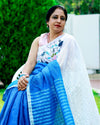 Shop Pure Linen Saree Online with Hand Embroidered, White & Blue Combo