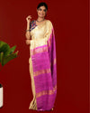 Silkmark Certified Gichcha Tussar Handloom Hand Dyed  Biege Saree with Blouse-Indiehaat