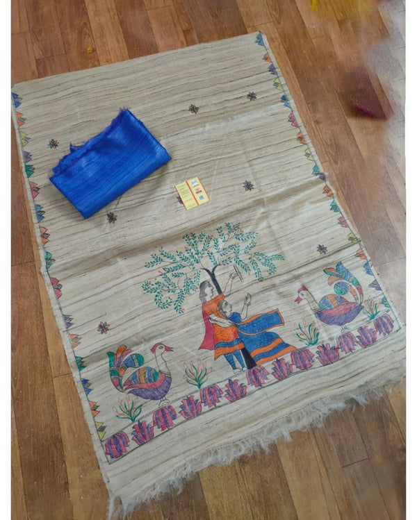 Silkmark Tussar Beige Madhubani Pastoral Dupatta & Blue Top