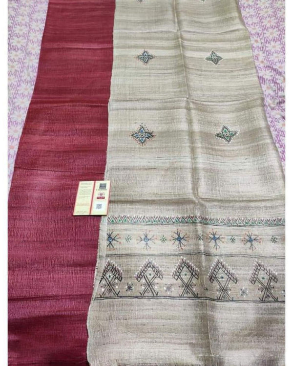 Silkmark Tussar Beige Madhubani Inspiring Dupatta & Red Top