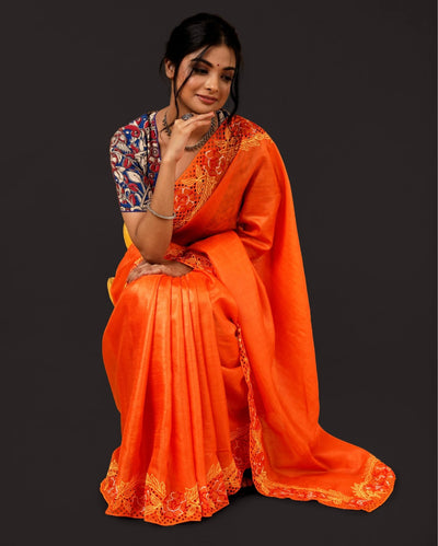 Silkmark Certifiied Pure Tussar Hand Cutwork Saree Orange Colour(Tussar by Tussar Fabric)-Indiehaat