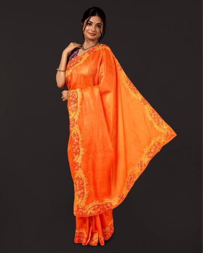 Silkmark Certifiied Pure Tussar Hand Cutwork Saree Orange Colour(Tussar by Tussar Fabric)-Indiehaat