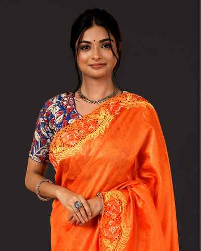 Silkmark Certifiied Pure Tussar Hand Cutwork Saree Orange Colour(Tussar by Tussar Fabric)-Indiehaat