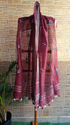 Pure Linen Dupatta Hand Embroidered Wine Red With Tassel