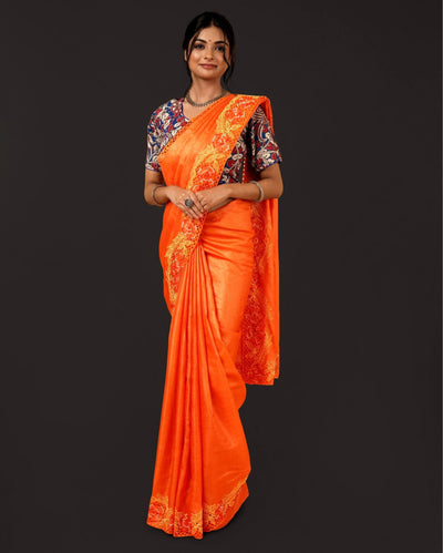 Silkmark Certifiied Pure Tussar Hand Cutwork Saree Orange Colour(Tussar by Tussar Fabric)-Indiehaat