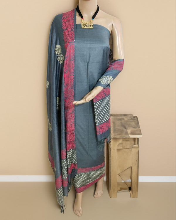 Katan Silk Graceful Blockprint Gray Suit