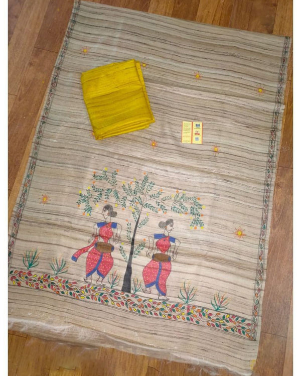 Silkmark Tussar Beige Madhubani Quaint Dupatta & Yellow Top