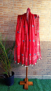 Pure Linen Dupatta Hand Embroidered Red With Tassel