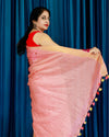 Vivid Silk Linen Embroidered Peach Saree