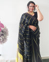 Pure Linen Saree Striped Design Arsenic Black Color with running blouse-Indiehaat