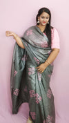 Silkmark Pure Tussar Modern Embroidered Gray Saree