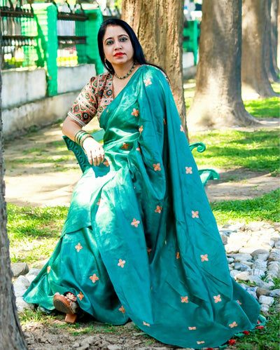 Silkmark Pure Tussar Lucid Embroidered Green Saree