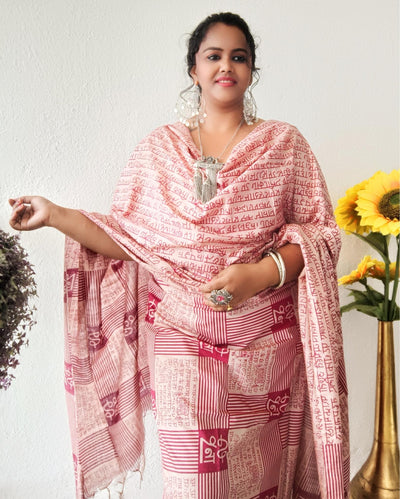 Katan Silk Handblock Printed Suit Piece Beige And Red Color with Bottom and Dupatta Handcrafted-Indiehaat