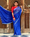 Pure Linen Handloom Saree Blue Color Hand Embroidered with Running Blouse-Indiehaat