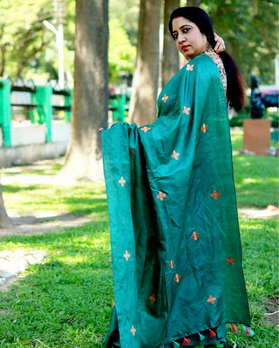 Silkmark Pure Tussar Lucid Embroidered Green Saree