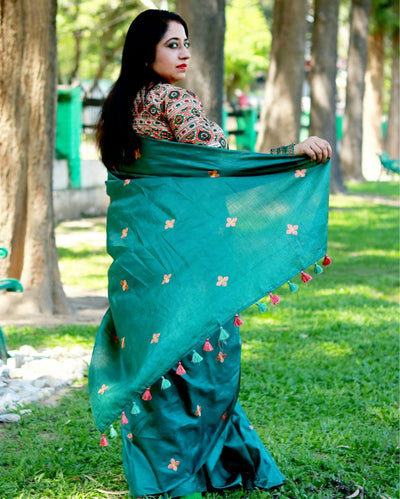 Silkmark Pure Tussar Lucid Embroidered Green Saree