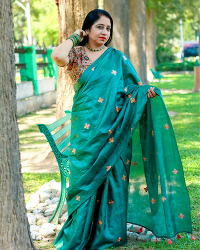 Silkmark Pure Tussar Lucid Embroidered Green Saree