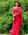 Pure Linen Handloom Saree Dark Pastel Red Color Hand Embroidered with Running Blouse-Indiehaat