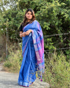 Pure Linen Plain Saree Blue Color with running blouse-Indiehaat