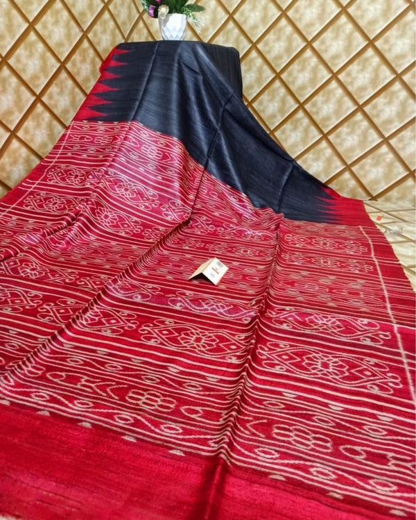 Silkmark Tussar Glowing Blockprint Black & Red Saree