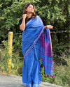 Pure Linen Plain Saree Blue Color with running blouse-Indiehaat