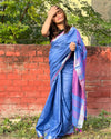 Pure Linen Plain Saree Blue Color with running blouse-Indiehaat