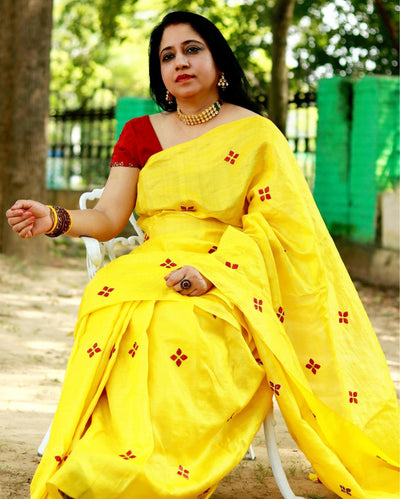 Silkmark Pure Tussar Lively Embroidered Yellow Saree