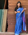 Pure Linen Plain Saree Blue Color with running blouse-Indiehaat