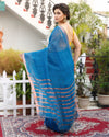 Pure Linen Saree Blue Color Contrast Striped Pallu With Running Blouse-Indiehaat