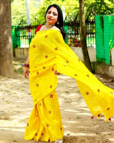 Silkmark Pure Tussar Lively Embroidered Yellow Saree