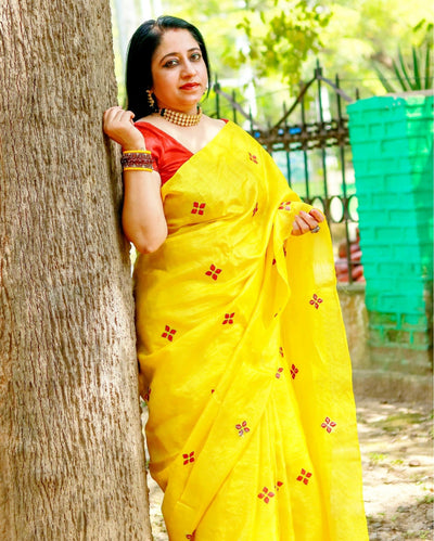 Silkmark Pure Tussar Lively Embroidered Yellow Saree