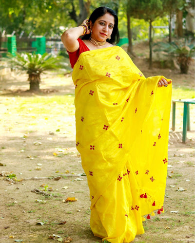 Silkmark Pure Tussar Lively Embroidered Yellow Saree