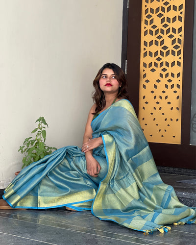 Hand Dyed Pure Tissue Linen Blue Color Saree With Running Blouse-Indiehaat