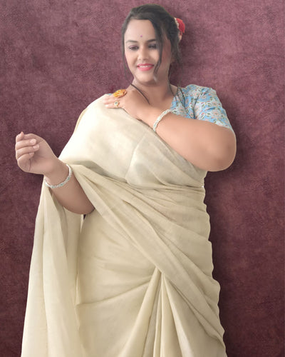 Pure Tissue Linen Hand Dyed Saree Off White Color with running blouse-Indiehaat