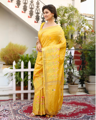 Poised Silk Linen Embroidered Mustard Saree