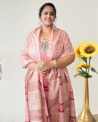 Katan Silk Handblock Printed Suit Piece Beige And Red Color with Bottom and Dupatta Handcrafted-Indiehaat