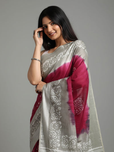 Crimson Slub Linen Wax Batik Hand Dyed Saree Red & Gray