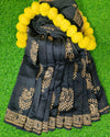 Chanderi Cotton Saree Block Print Black Color with running blouse-Indiehaat