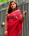 Pure Linen Handloom Saree Dark Pastel Red Color Hand Embroidered with Running Blouse-Indiehaat