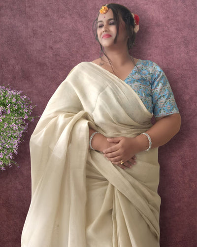 Effulgent Pure Tissue Linen Handdyed Saree Off White