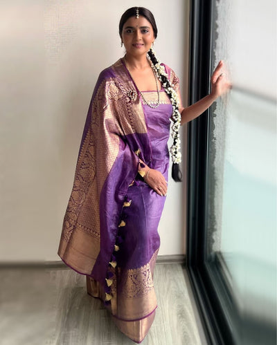 Dynamic Banarasi Silk Linen Purple Handloom Saree