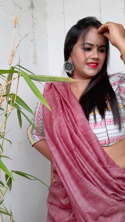 Bansbara Tussar Silk Handloom Pink Saree | Indiehaat