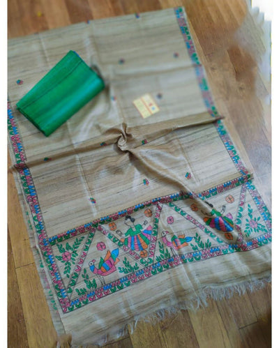 Silkmark Tussar Beige Madhubani Idyllic Dupatta & Green Top