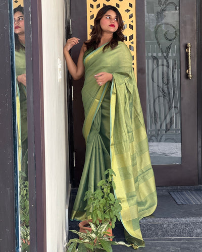 Hand Dyed Pure Tissue Linen Saree Moss Green Color With Running Blouse-Indiehaat