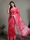 Crimson Slub Linen Wax Batik Hand Dyed Saree Red